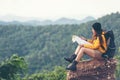 Woman travelÃÂ  hiker adventure on mountain nature landscape. Royalty Free Stock Photo